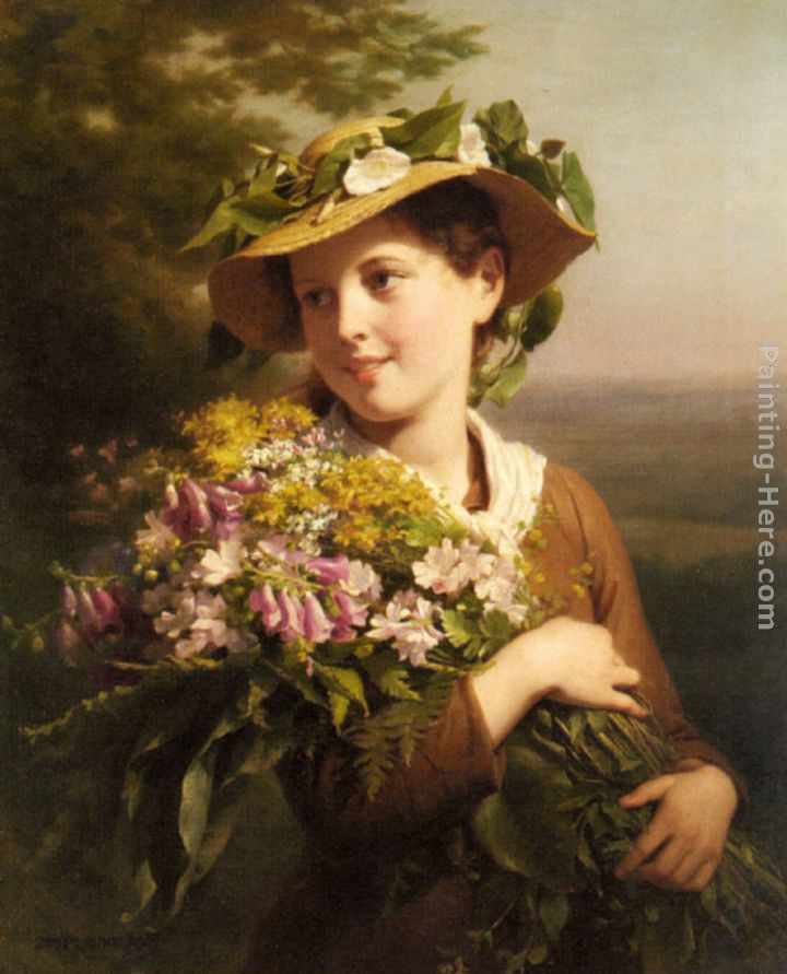 A Young Beauty holding a Bouquet of Flowers painting - Fritz Zuber-Buhler A Young Beauty holding a Bouquet of Flowers art painting